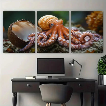 3pcs Coconut Octopus Seashell Sea Life Metal Print Ready to Hang Art - Bella Home Decor