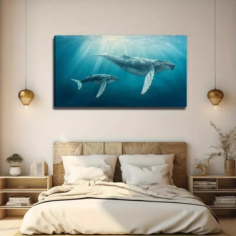 Whale Mother And Young Wall Art Canvas Office Home Room Framed 120x60cm