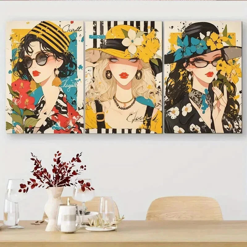3pcs Women with Hats & Glasses Vibrant Perfect Wall Art Set Canvas Framed 60x90cm - High Quality Print 100% Australian Made Wall Canvas Ready to Hang - Bella Home Decor