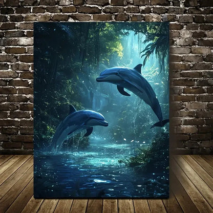 Cyberpunk Dolphin Jungle Scene with Mystical Painting 40x60cm Metal Print Ready to Hang - Bella Home Decor