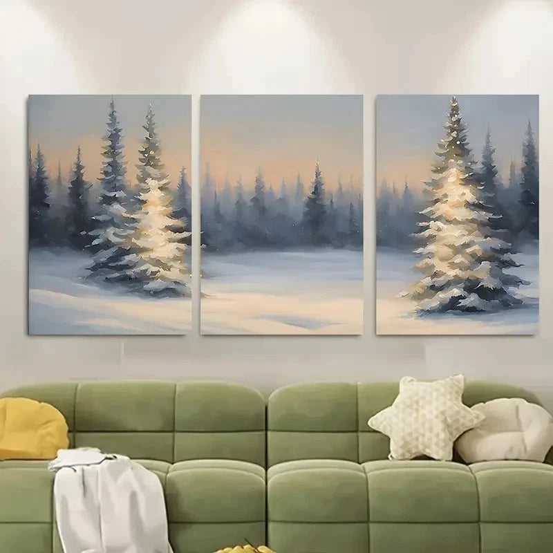 3pcs Snowy Pine Trees and Moonlit Night Scene Metal Print Ready to Hang Art