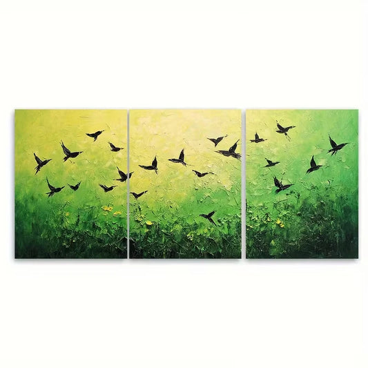 3pcs , Green Landscape Birds Metal Print Ready to Hang Art
