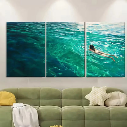 3pcs Woman Floating on The Pool Metal Print Ready to Hang Art