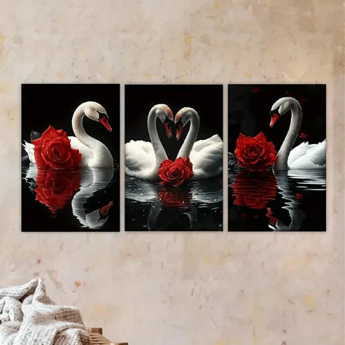 3pcs three white swans with red roses Wall Art Set Canvas Unframed - High Quality Print 100% Australian Made Wall Canvas - Bella Home Decor
