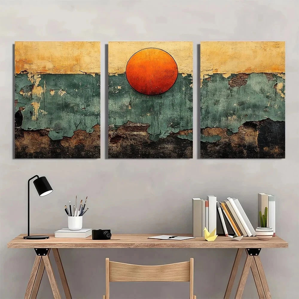 3pcs Orange and Green Abstract Neutral Metal Print Ready to Hang Art - Bella Home Decor