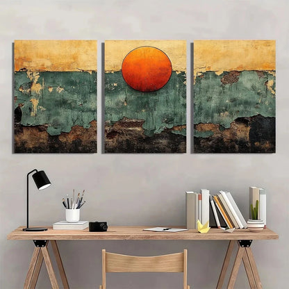 3pcs Orange and Green Abstract Neutral Metal Print Ready to Hang Art - Bella Home Decor