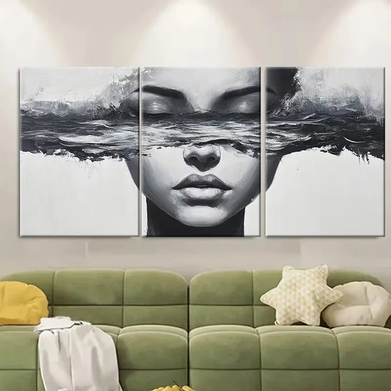 3pcs Black and White Abstract Woman Face Metal Print Ready to Hang Art