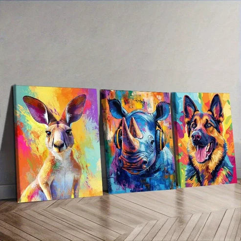 3pcs Featuring Animals In Colorful Background Wall Art Set Canvas Unframed - High Quality Print 100% Australian Made Wall Canvas