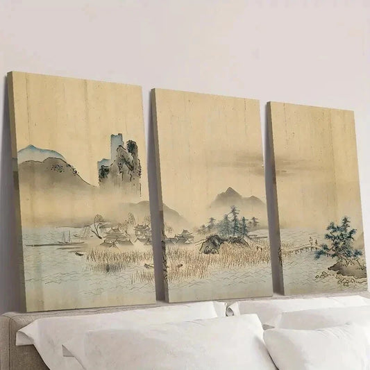 3pcs Ukiyo-e vintage Japanese landscape Wall Art Set Canvas Framed 50x70cm - High Quality Print 100% Australian Made Wall Canvas Ready to Hang