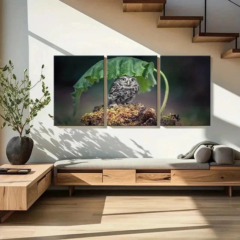 3pcs Bird Art Cute Owl Under a  Leaf Modern Wall Art Set Canvas Framed 60x90cm - High Quality Print 100% Australian Made Wall Canvas Ready to Hang - Bella Home Decor