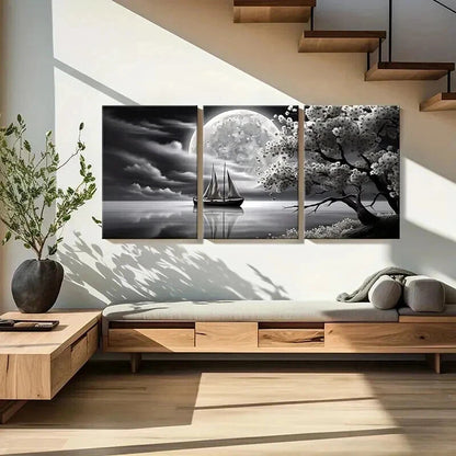 3pcs Boat River Moon Cherry Blossoms Wall Art Set Canvas Framed 60x90cm - High Quality Print 100% Australian Made Wall Canvas Ready to Hang - Bella Home Decor