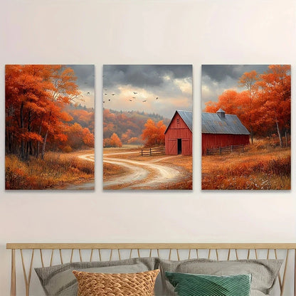 3pcs Autumn Barn Scene Rustic Countryside Metal Print Ready to Hang Art - Bella Home Decor