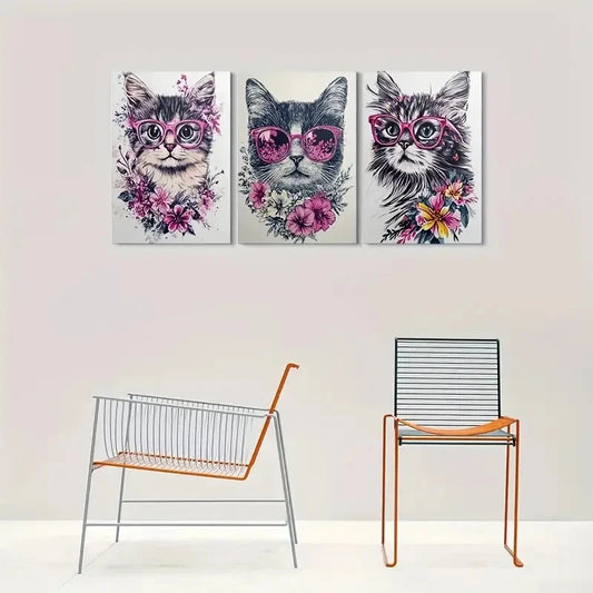 3pcs Floral Glasses Hook Mounting Fashion Theme Metal Print Ready to Hang Art