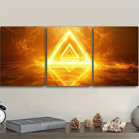 3pcs A glowing yellow triangle Metal Print Ready to Hang Art