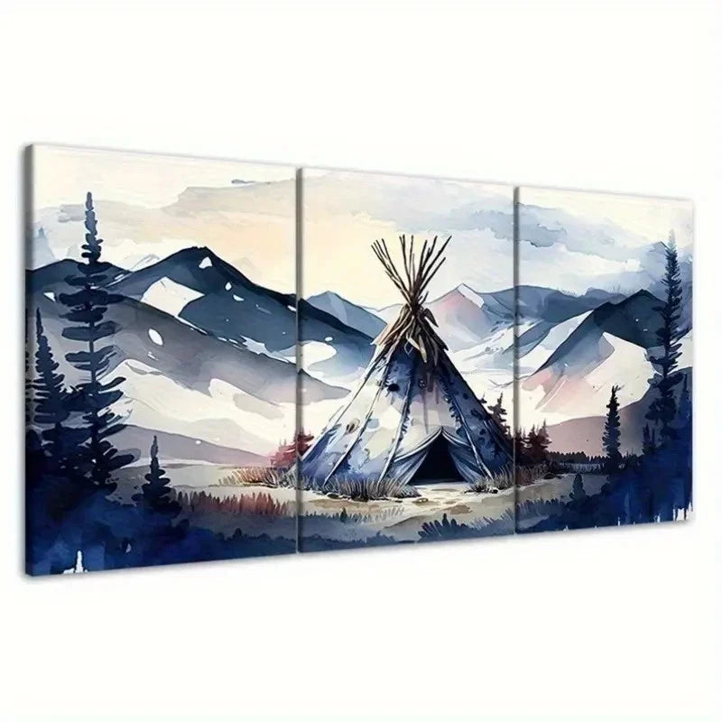 3pcs Vibrant Native American Tipi & Mountain  Wall Art Canvas Framed 40x60cm - High Quality Print 100% Australian Made Wall Canvas Ready to Hang - Bella Home Decor