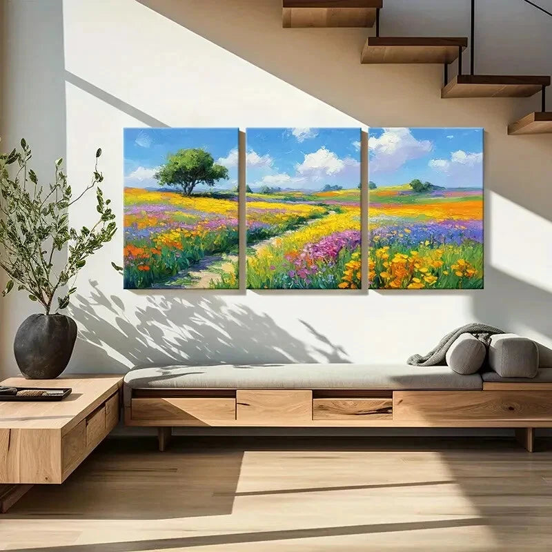 3pcs Vibrant Landscape Painting Colorful Flowers Metal Print Ready to Hang Art