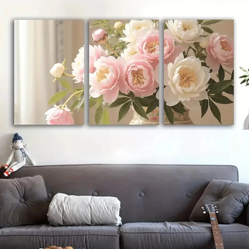 3pcs Elegant Pink & White Floral Bouquet In Vase Wall Art Set Canvas Framed 60x90cm - High Quality Print 100% Australian Made Wall Canvas Ready to Hang