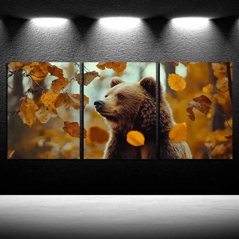 3pcs Rustic Bear in Autumn Leaves Metal Print Ready to Hang Art - Bella Home Decor