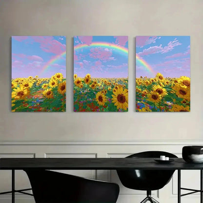 Three-panel artwork of sunflowers and rainbows on a wall above a dining table.