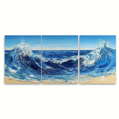 3pcs Blue Abstract Ocean Landscape Wave Beach Wall Art Set Canvas Framed 50x70cm - High Quality Print 100% Australian Made Wall Canvas Ready to Hang - Bella Home Decor