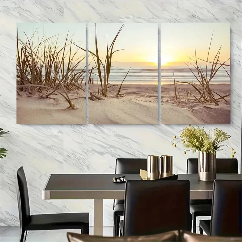 3pcs Serene Ocean and Sand Dunes Scene Metal Print Ready to Hang Art