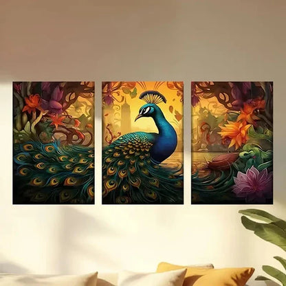 3pcs peacock with a long tail standing Wall Art Canvas Unframed - High Quality Print 100% Australian Made Wall Canvas