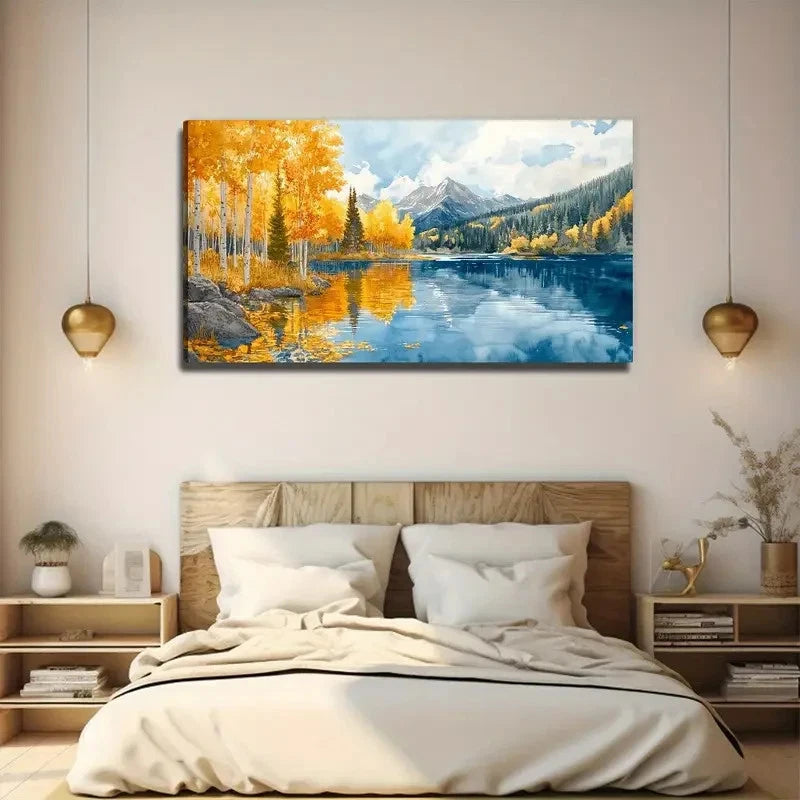 Golden Birch Trees Lake Wall Art Canvas Office Home Room Framed 120x60cm