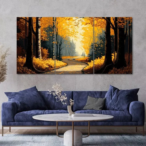 3pcs Yellow Forest Pathway Painting Style Wall Art Canvas Unframed - High Quality Print 100% Australian Made Wall Canvas