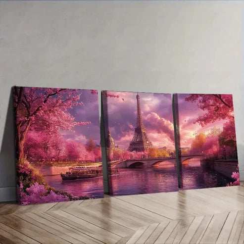 3pcs Cherry Blossoms at Eiffel Tower Wall Art Set Canvas Unframed - High Quality Print 100% Australian Made Wall Canvas - Bella Home Decor