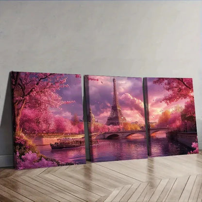 3pcs Cherry Blossoms at Eiffel Tower Wall Art Set Canvas Unframed - High Quality Print 100% Australian Made Wall Canvas - Bella Home Decor