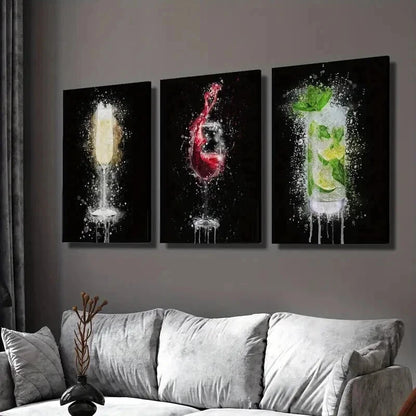 3pcs Champagne Glass on Black Background Wall Art Set Canvas Framed 60x90cm - High Quality Print 100% Australian Made Wall Canvas Ready to Hang