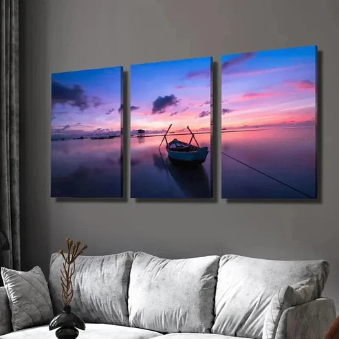 3pcs Ocean Environment Purple Sunset & Boat Wall Art Set Canvas Unframed - High Quality Print 100% Australian Made Wall Canvas
