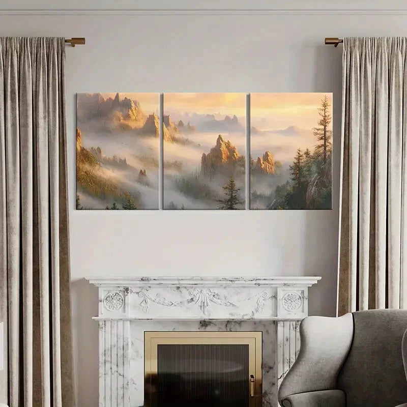 3pcs Mountain Landscape Misty Peaks Forest Scene Metal Print Ready to Hang Art - Bella Home Decor