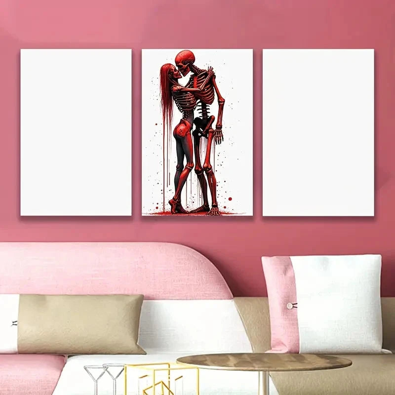 3pcs Gothic Skeleton Couple With Red Accents Wall Art Set Canvas Framed 60x90cm - High Quality Print 100% Australian Made Wall Canvas Ready to Hang