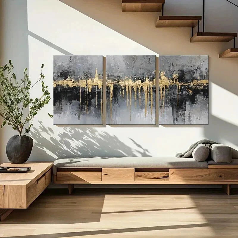 3pcs Abstract Golden Drip Neutral Palette Art Metal Print Ready to Hang Art - Bella Home Decor