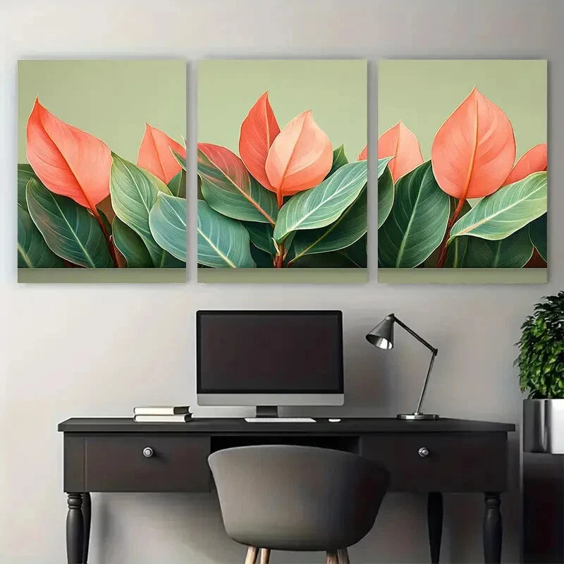 3pcs Cordyline Fruticosa Leaves Foliage Green Metal Print Ready to Hang Art - Bella Home Decor
