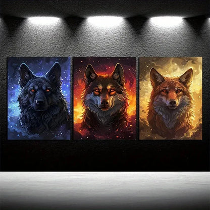 3pcs Vibrant furious Dogs Heads Illustration Metal Print Ready to Hang Art - Bella Home Decor