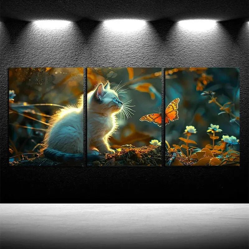 3pcs Little White Cat Is Talking to The Butterfly Metal Print Ready to Hang Art - Bella Home Decor