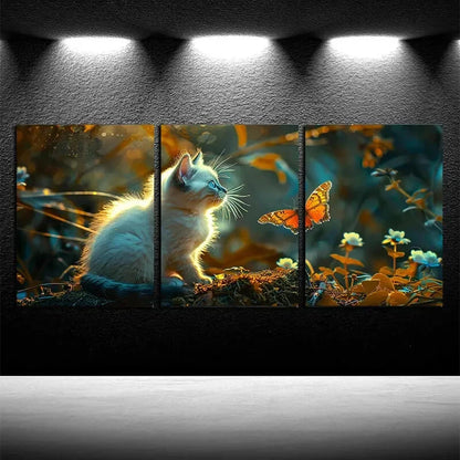 3pcs Little White Cat Is Talking to The Butterfly Metal Print Ready to Hang Art - Bella Home Decor