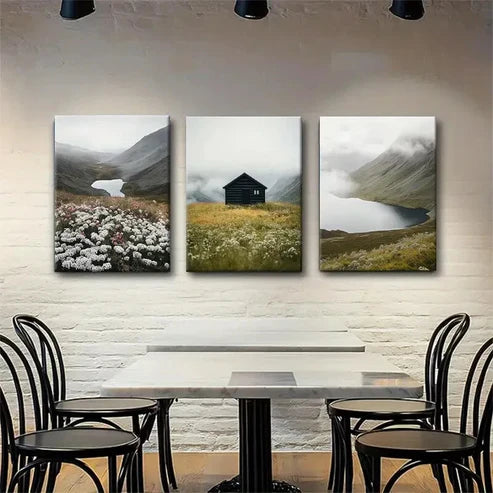 3pcs Misty Lake and Flower Field Cabin Perfect Wall Art Canvas Unframed - High Quality Print 100% Australian Made Wall Canvas
