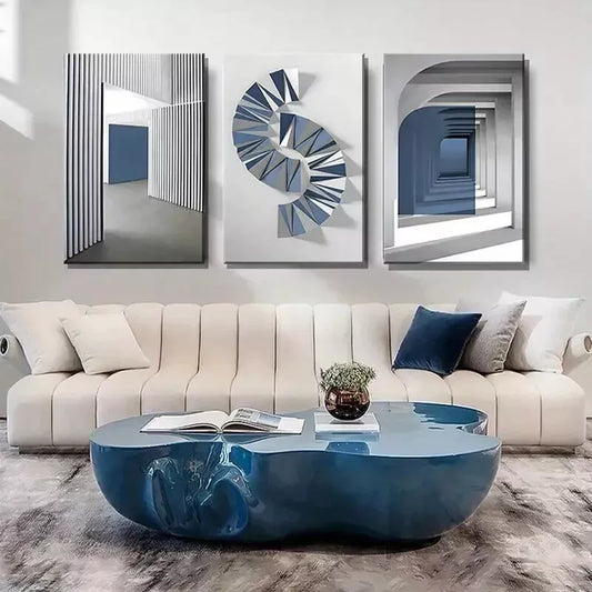 3pcs Minimalist Geometric Wall Art, Navy Blue Wall Art Set Canvas Framed 50x70cm - High Quality Print 100% Australian Made Wall Canvas Ready to Hang