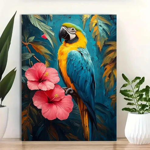 Vibrant Macaw & Hibiscus Flowers Painting 60x90cm Metal Print Ready to Hang