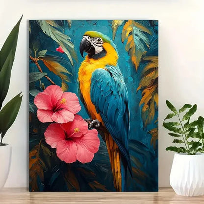 Vibrant Macaw & Hibiscus Flowers Painting 60x90cm Metal Print Ready to Hang