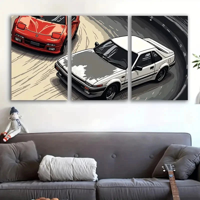 3pcs Vintage Cars in Action, Retro Wall Art Set Canvas Framed 50x70cm - High Quality Print 100% Australian Made Wall Canvas Ready to Hang