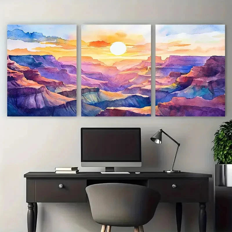 3pcs Radiant Canyon Sunset Watercolor Painting Wall Art Set Canvas Framed 40x60cm - High Quality Print 100% Australian Made Wall Canvas Ready to Hang