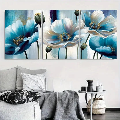 3pcs Blue White Poppy Botanical Floral Wall Art Set Canvas Framed 60x90cm - High Quality Print 100% Australian Made Wall Canvas Ready to Hang - Bella Home Decor
