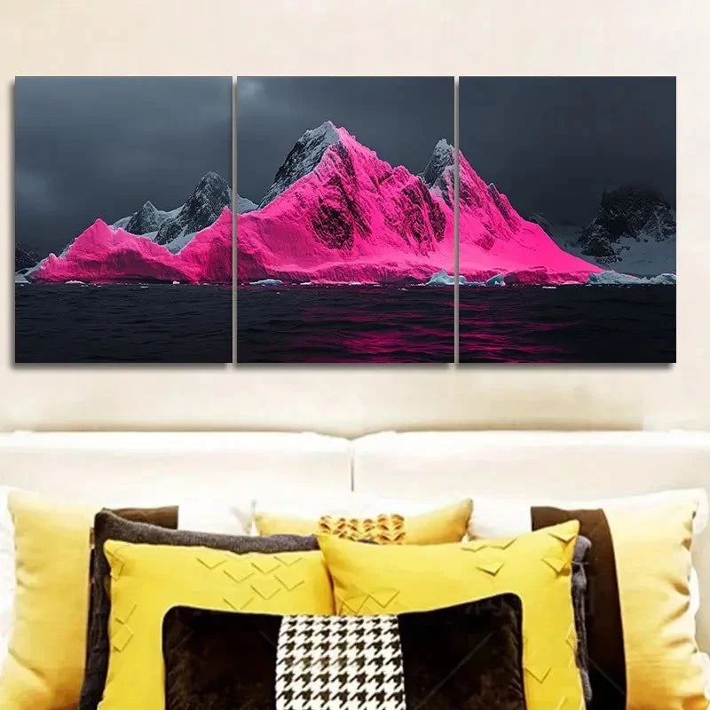 3pcs Vibrant Pink Mountain in a Dark Landscape  Wall Art Set Canvas Framed 40x60cm - High Quality Print 100% Australian Made Wall Canvas Ready to Hang