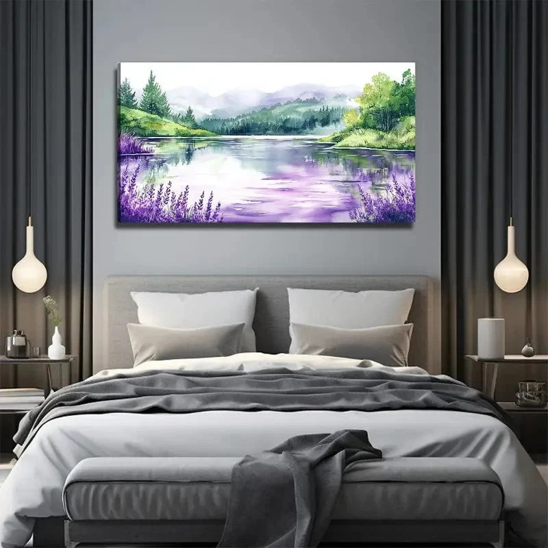 Purple Flower Lake View Wall Art Canvas Office Home Room Framed 120x60cm.