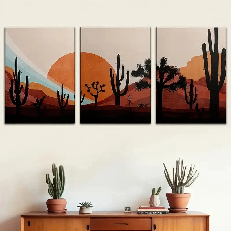 3pcs Abstract Desert Cacti & Sunset Metal Print Ready to Hang Art - Bella Home Decor