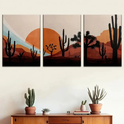 3pcs Abstract Desert Cacti & Sunset Metal Print Ready to Hang Art - Bella Home Decor